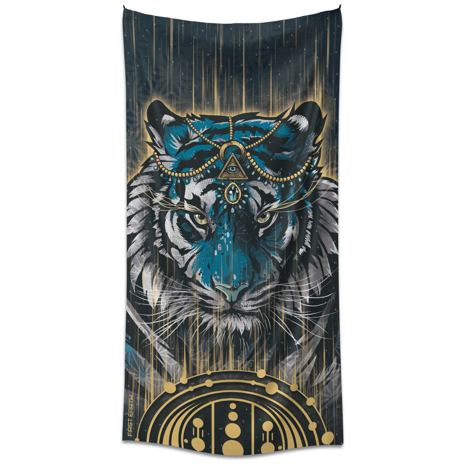 The Guardian tapestry by First Earth – powerful rave wall art with tiger-inspired guardian design, printed on premium polyester, 36″×72″ with corner loops for easy festival or home display
