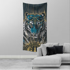 The Guardian tapestry by First Earth – powerful rave wall art with tiger-inspired guardian design, printed on premium polyester, 36″×72″ with corner loops for easy festival or home display