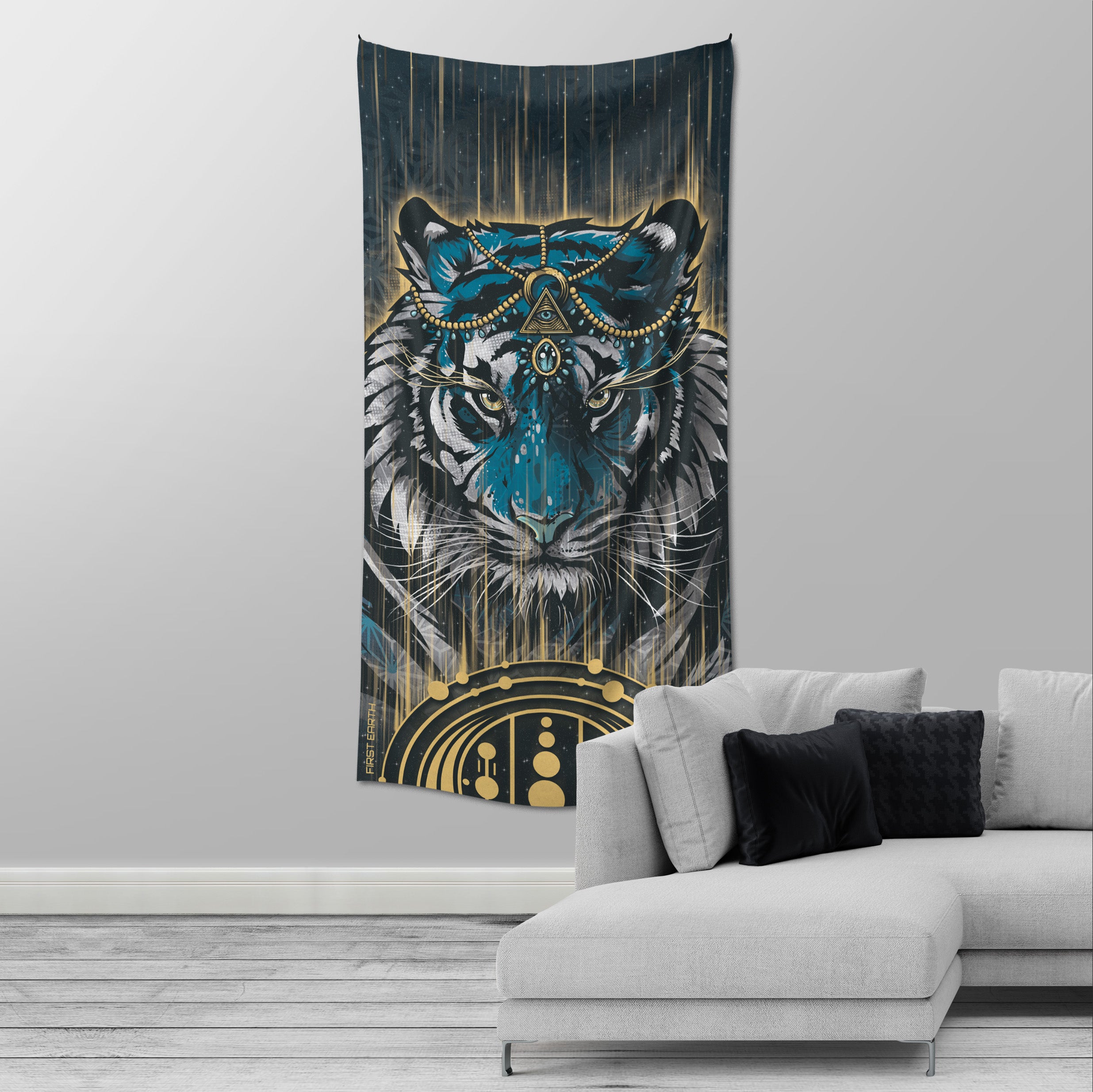 The Guardian tapestry by First Earth – powerful rave wall art with tiger-inspired guardian design, printed on premium polyester, 36″×72″ with corner loops for easy festival or home display