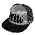 MEOW snapback hat by First Earth – luxurious velvet front panel and visor with bold leopard print, 3D embroidery, custom woven sweatband, satin liner, and hidden pocket—festival-ready flair 