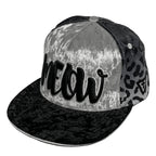 MEOW snapback hat by First Earth – luxurious velvet front panel and visor with bold leopard print, 3D embroidery, custom woven sweatband, satin liner, and hidden pocket—festival-ready flair 
