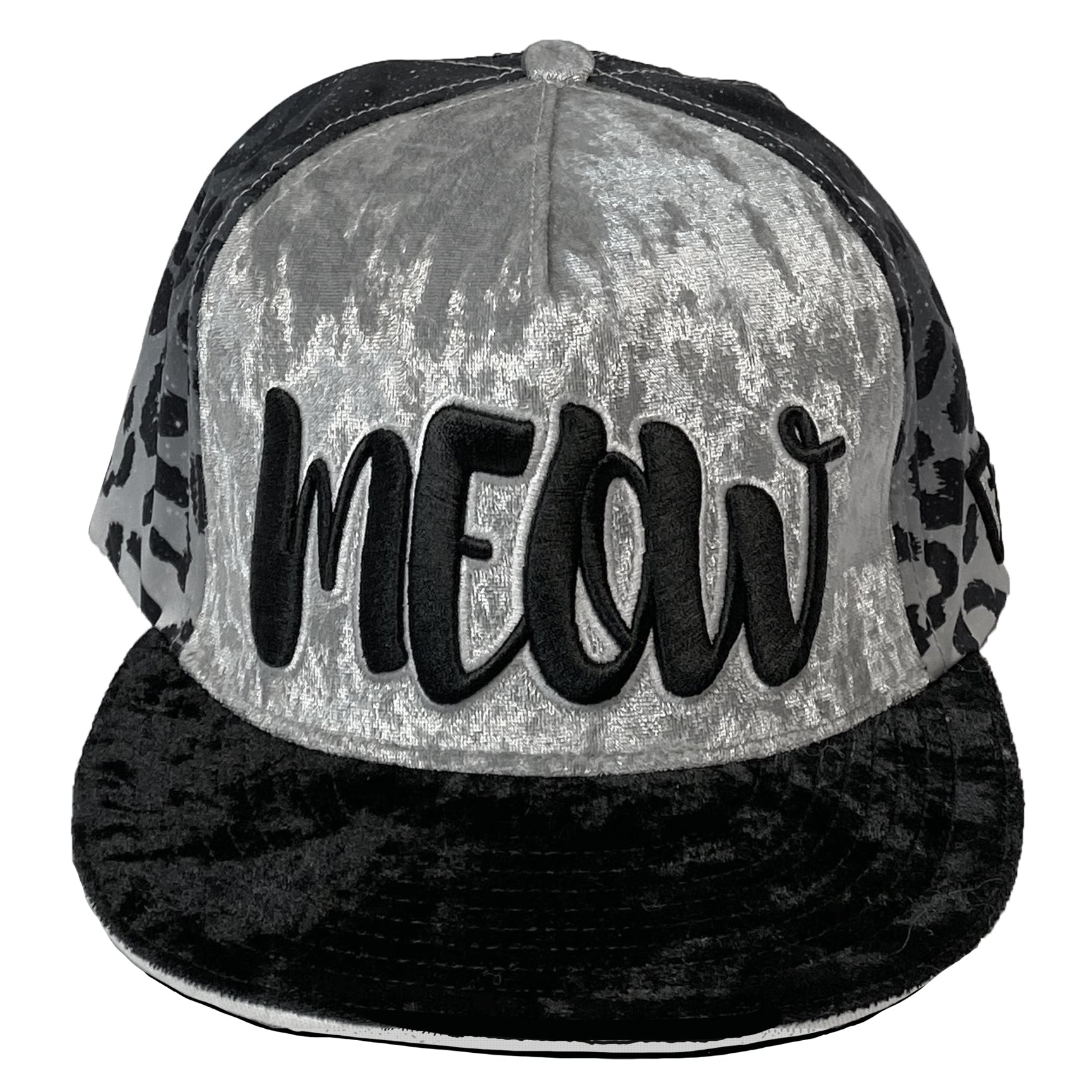 MEOW snapback hat by First Earth – luxurious velvet front panel and visor with bold leopard print, 3D embroidery, custom woven sweatband, satin liner, and hidden pocket—festival-ready flair 