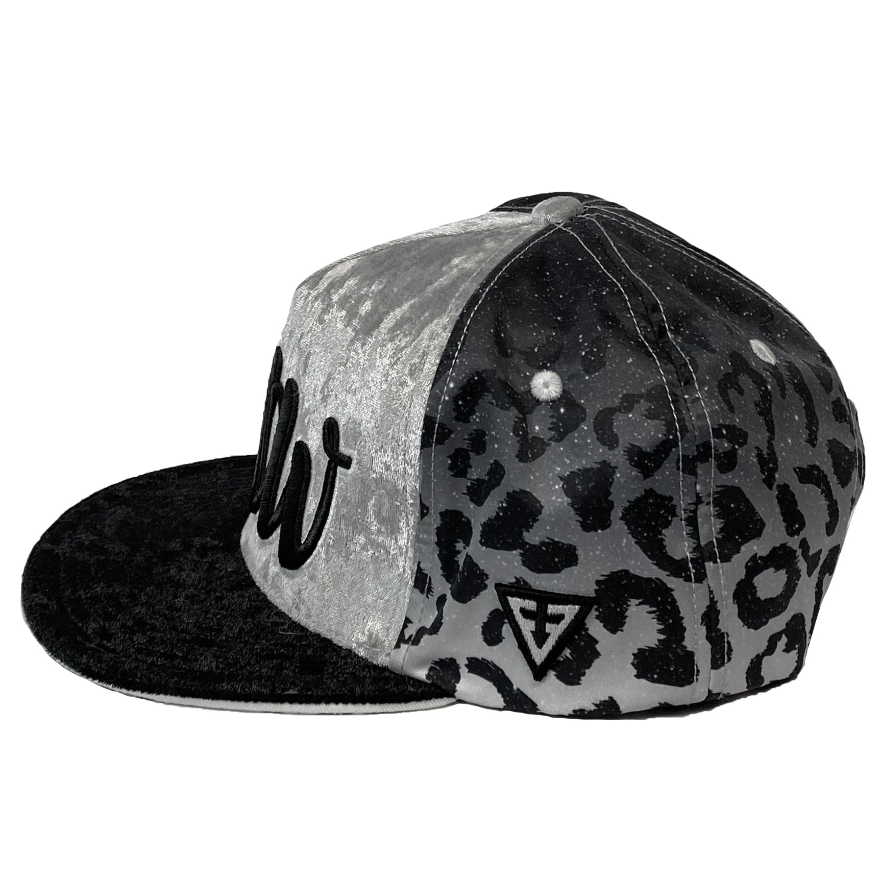 MEOW snapback hat by First Earth – luxurious velvet front panel and visor with bold leopard print, 3D embroidery, custom woven sweatband, satin liner, and hidden pocket—festival-ready flair 