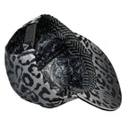 MEOW snapback hat by First Earth – luxurious velvet front panel and visor with bold leopard print, 3D embroidery, custom woven sweatband, satin liner, and hidden pocket—festival-ready flair 