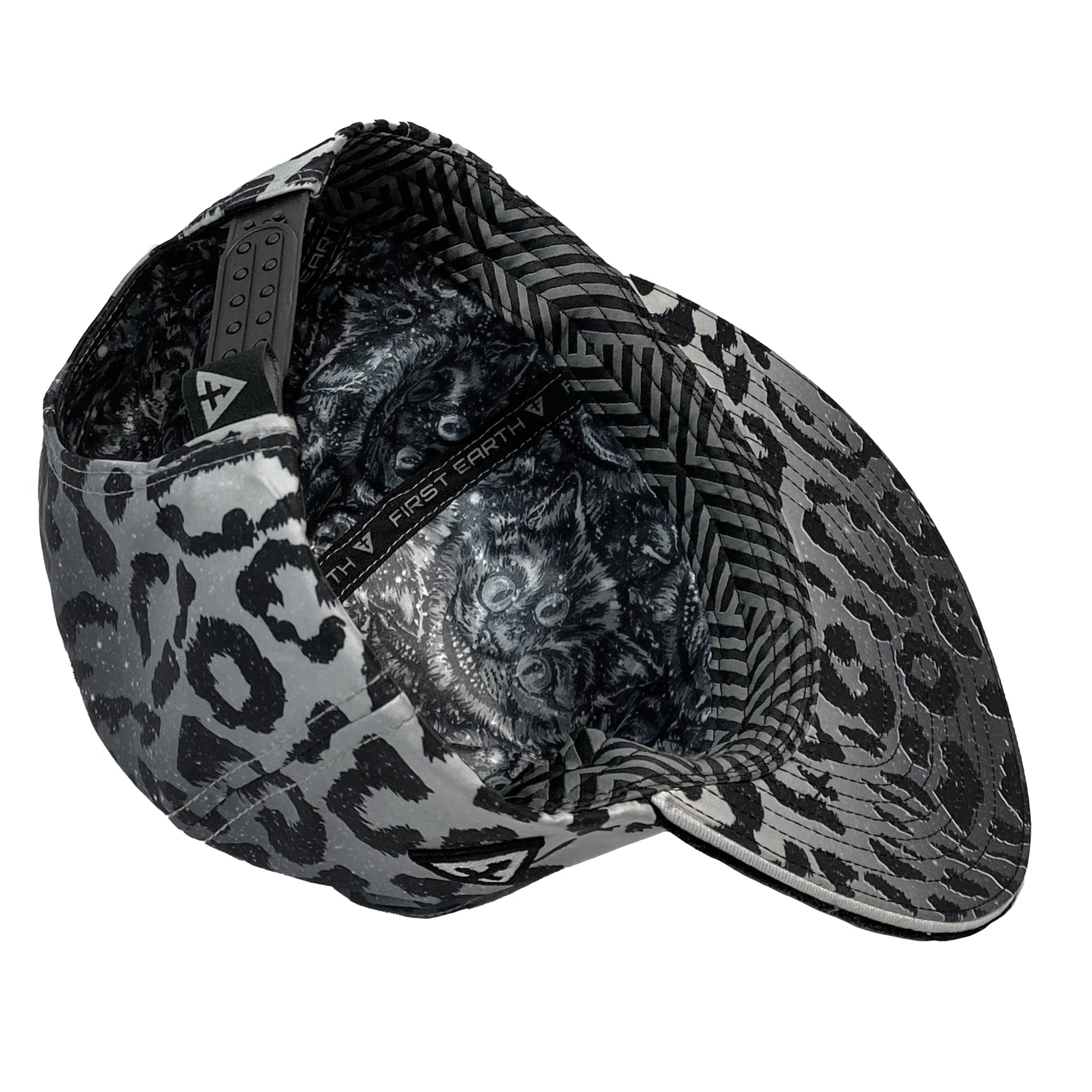 MEOW snapback hat by First Earth – luxurious velvet front panel and visor with bold leopard print, 3D embroidery, custom woven sweatband, satin liner, and hidden pocket—festival-ready flair 