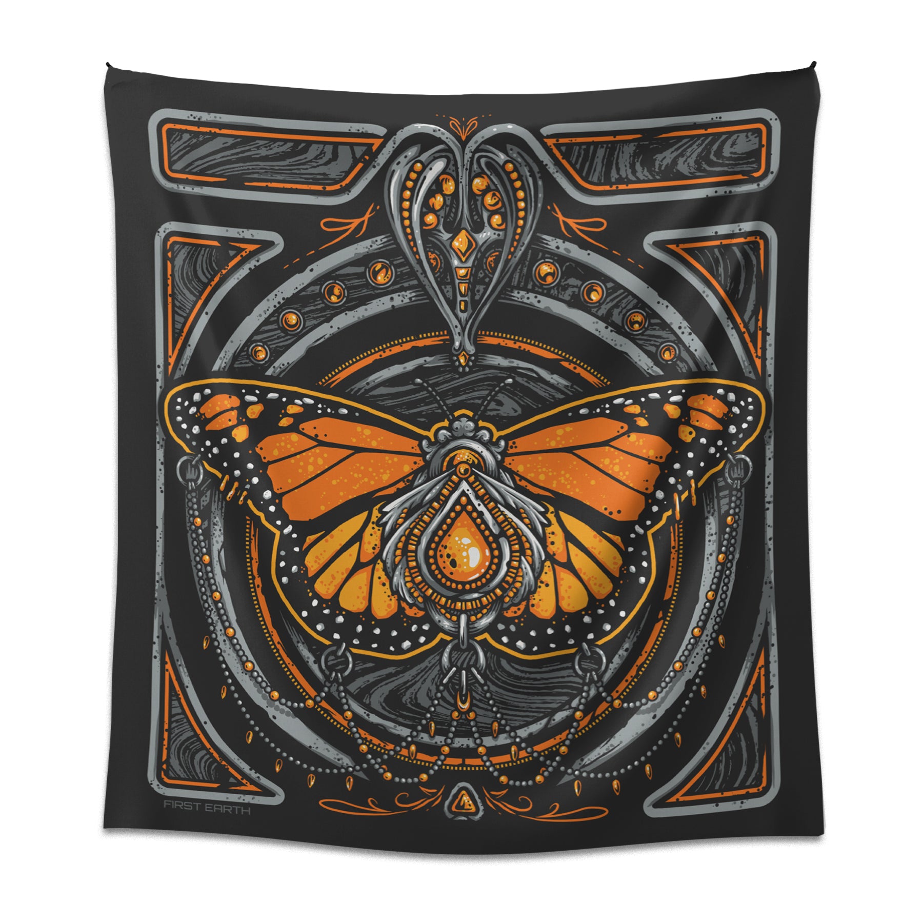 Monarch tapestry by First Earth – bold rave wall art featuring butterfly motif on premium polyester, 36″×72″, hemmed edges and loops for easy display at home or festivals 