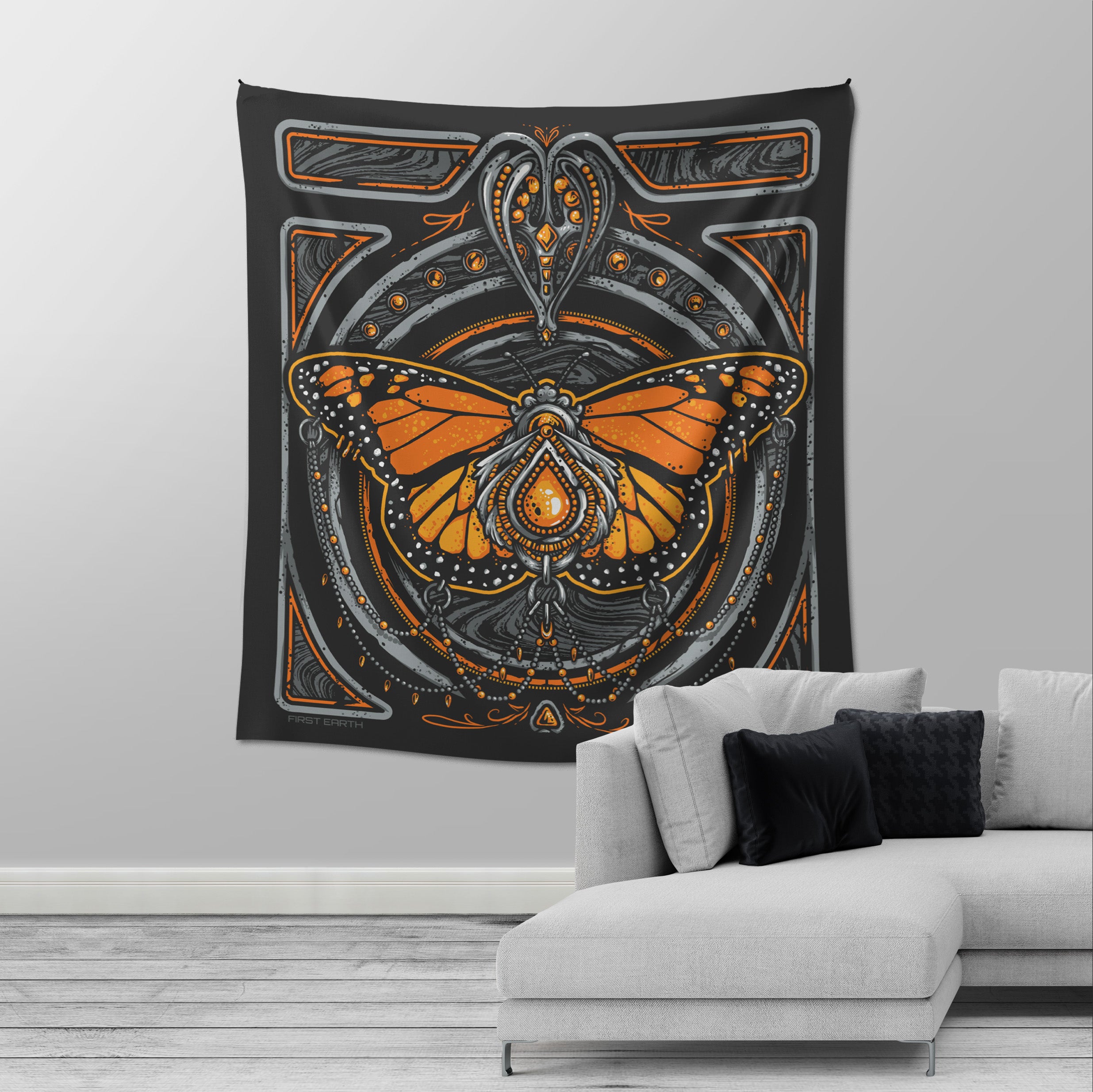 Monarch tapestry by First Earth – bold rave wall art featuring butterfly motif on premium polyester, 36″×72″, hemmed edges and loops for easy display at home or festivals 