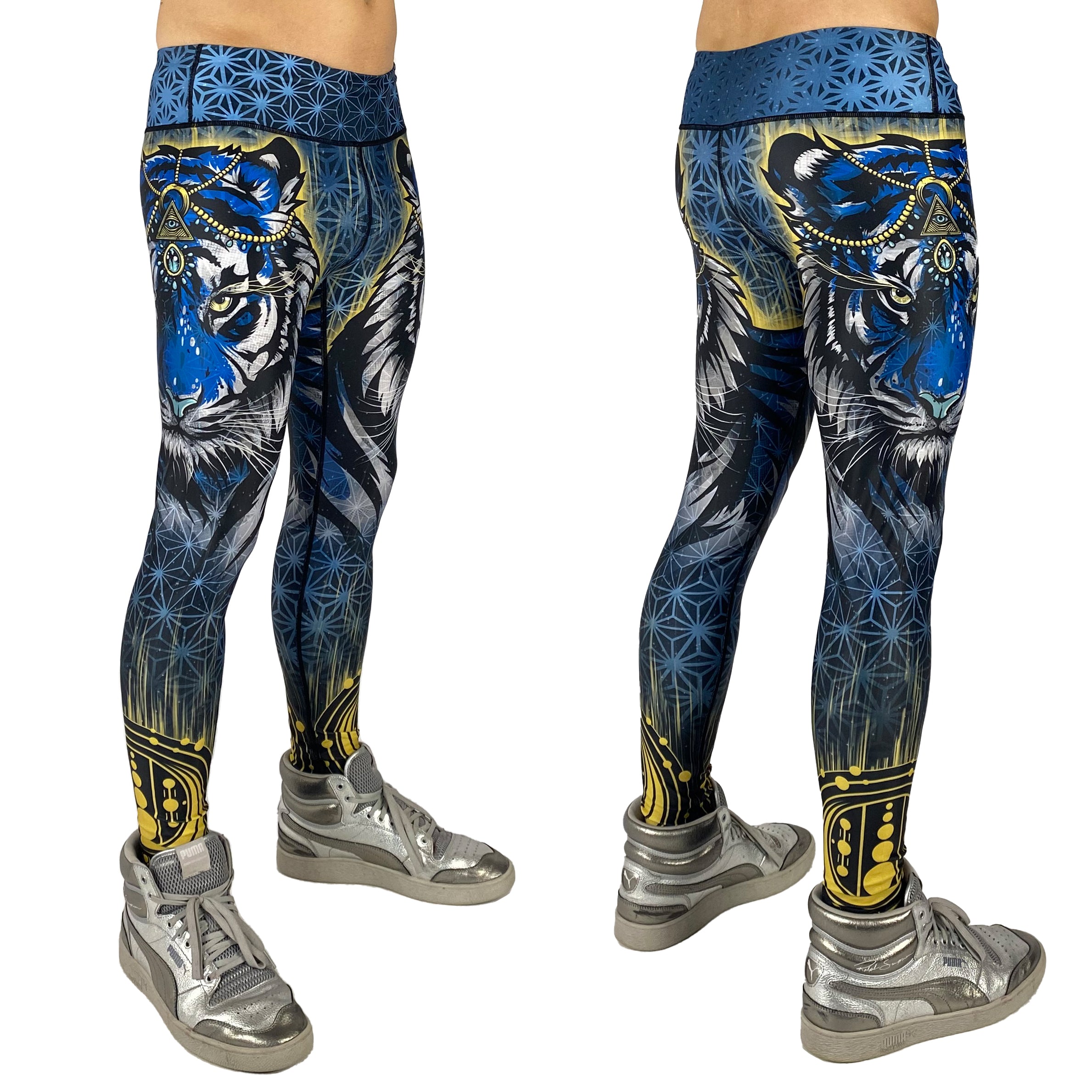 Guardian leggings by First Earth – festival-ready leggings with powerful tiger guardian design, soft stretchy poly-blend fabric, and front waistband pocket for flow-friendly storage