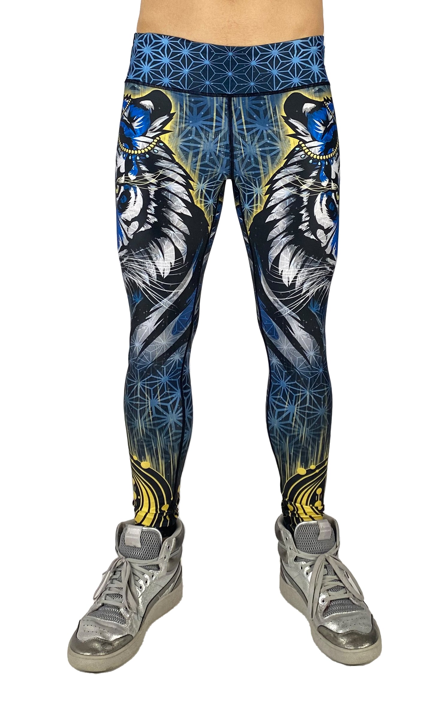 Guardian leggings by First Earth – festival-ready leggings with powerful tiger guardian design, soft stretchy poly-blend fabric, and front waistband pocket for flow-friendly storage